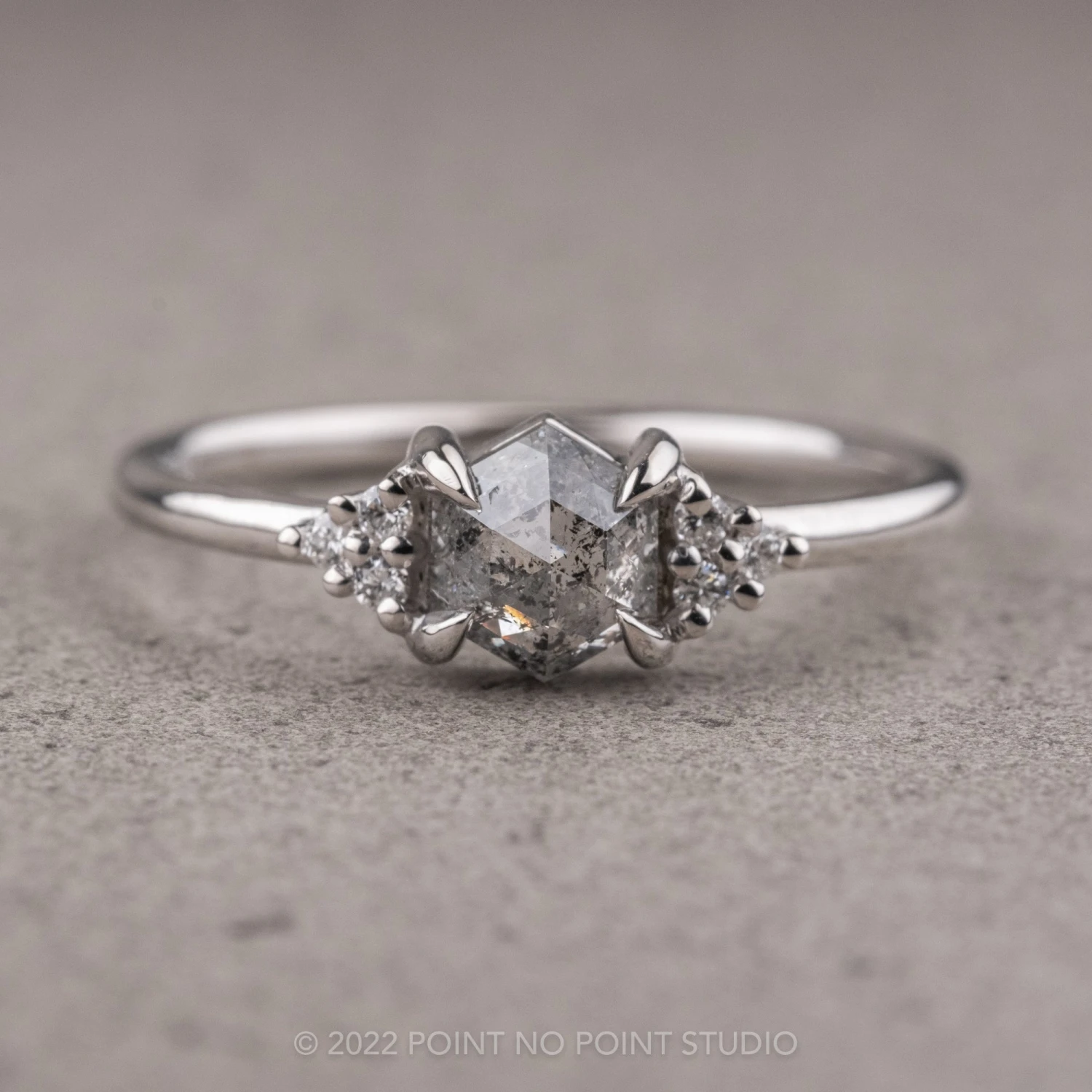 .89 Carat Salt And Pepper Hexagon Engagement Ring, Quinn Setting, 14K White Gold 1 .89 Carat Salt And Pepper Hexagon Engagement Ring, Quinn Setting, 14K White Gold