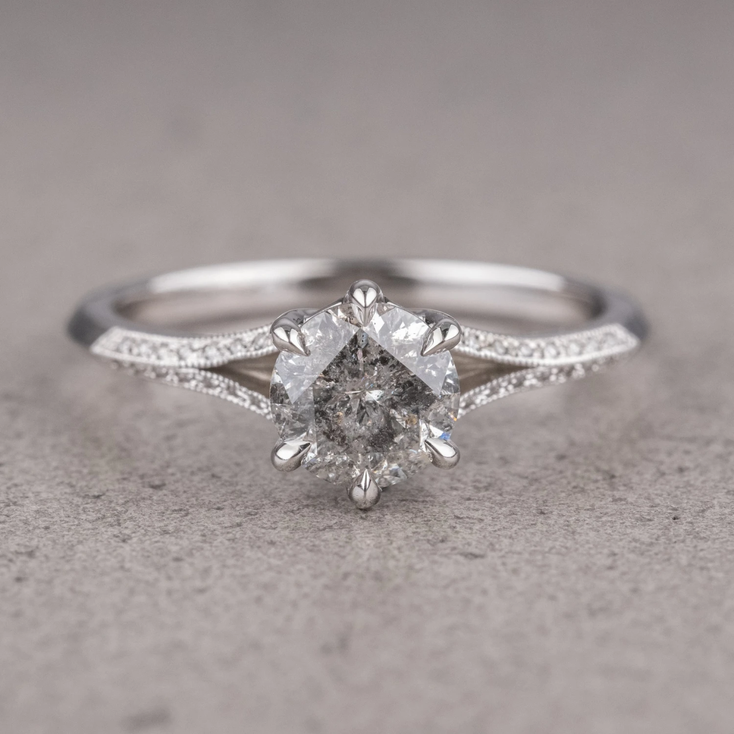 1.04 Carat Salt And Pepper Round Diamond Engagement Ring, Mackenzie Setting, Platinum 1 1.04 Carat Salt And Pepper Round Diamond Engagement Ring, Mackenzie Setting, Platinum