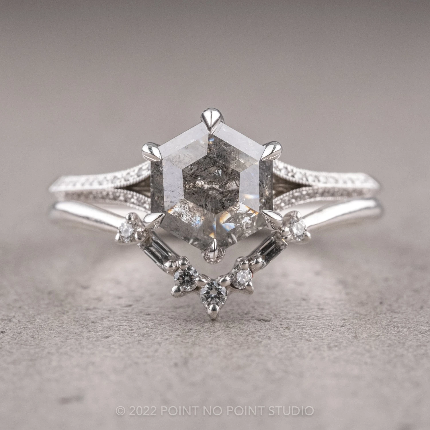 1.36 Carat Salt And Pepper Hexagon Diamond Engagement Ring, Mackenzie Setting, 14K White Gold 8 1.36 Carat Salt And Pepper Hexagon Diamond Engagement Ring, Mackenzie Setting, 14K White Gold - Image 8