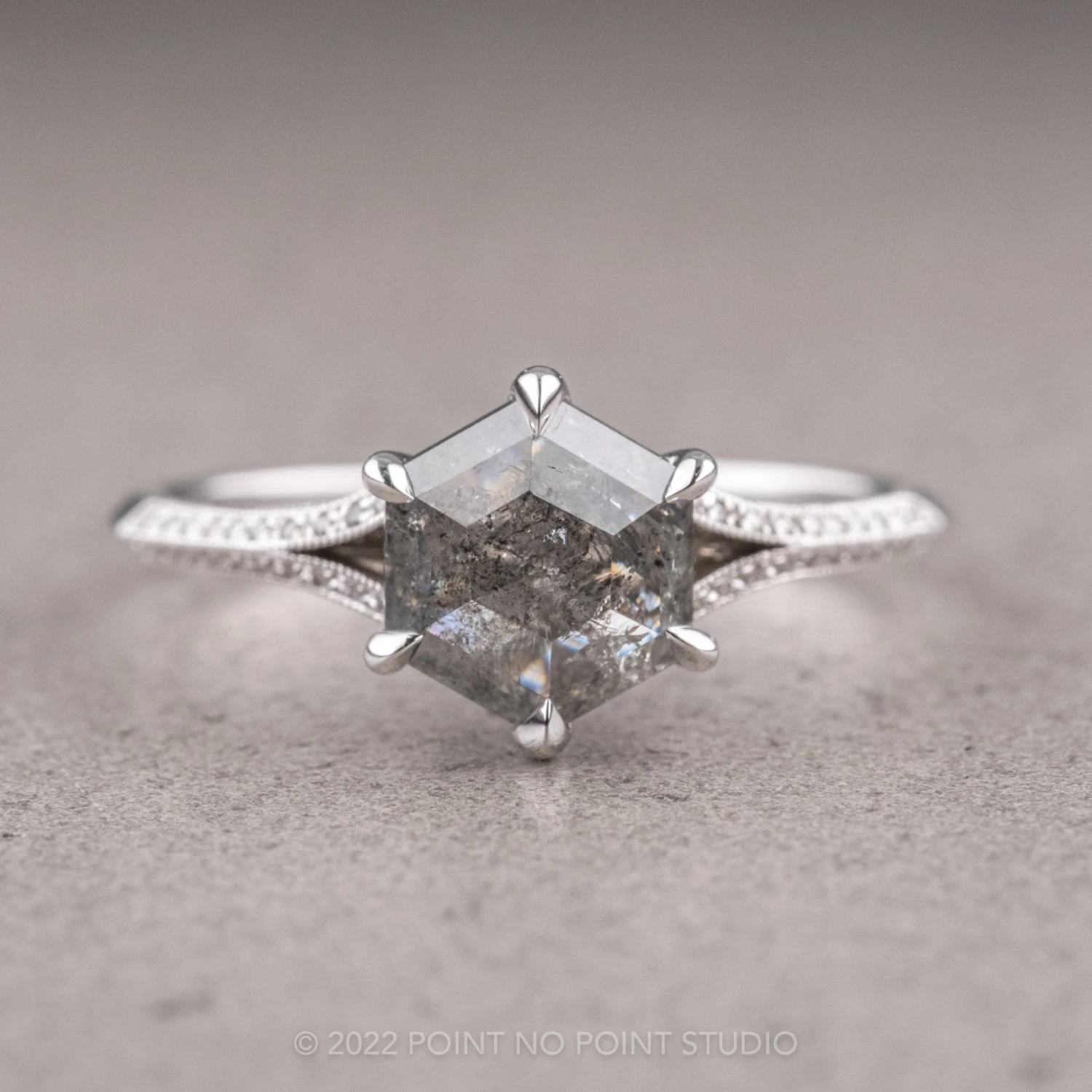 1.36 Carat Salt And Pepper Hexagon Diamond Engagement Ring, Mackenzie Setting, Platinum 1 1.36 Carat Salt And Pepper Hexagon Diamond Engagement Ring, Mackenzie Setting, Platinum