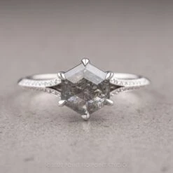 1.36 Carat Salt And Pepper Hexagon Diamond Engagement Ring, Mackenzie Setting, 14K White Gold