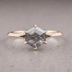 1.36 Carat Salt And Pepper Hexagon Diamond Engagement Ring, Mackenzie Setting, 14K Rose Gold