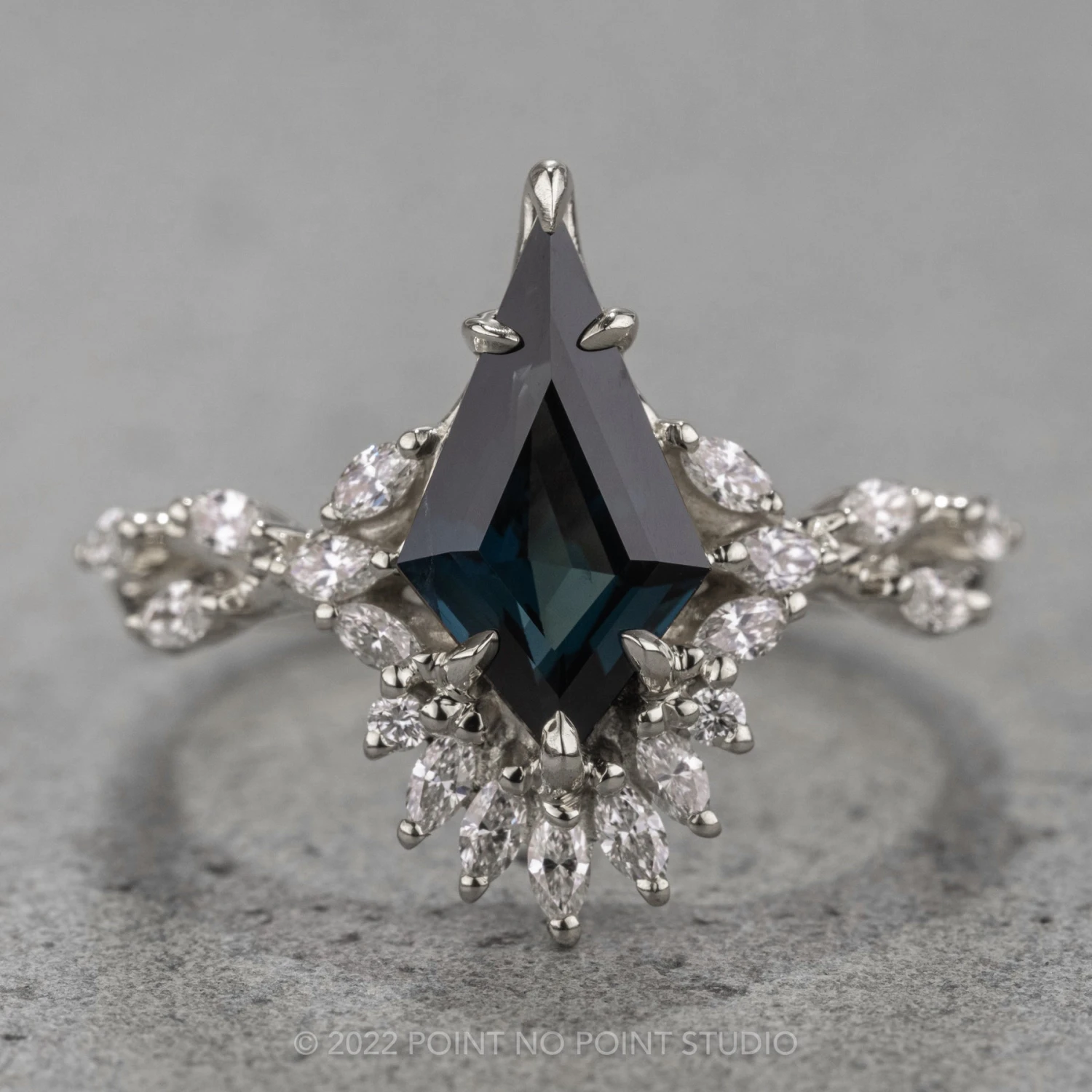 1.86 Carat Teal Kite Sapphire And Diamond Engagement Ring, Quinnie Setting, Platinum 1 1.86 Carat Teal Kite Sapphire And Diamond Engagement Ring, Quinnie Setting, Platinum