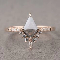 1.23 Carat Salt And Pepper Kite Diamond Engagement Ring, Avaline Setting, 14k Rose Gold
