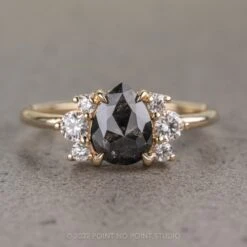 1.24 Carat Black Speckled Pear Diamond Engagement Ring, Charlotte Setting, 14K Yellow Gold