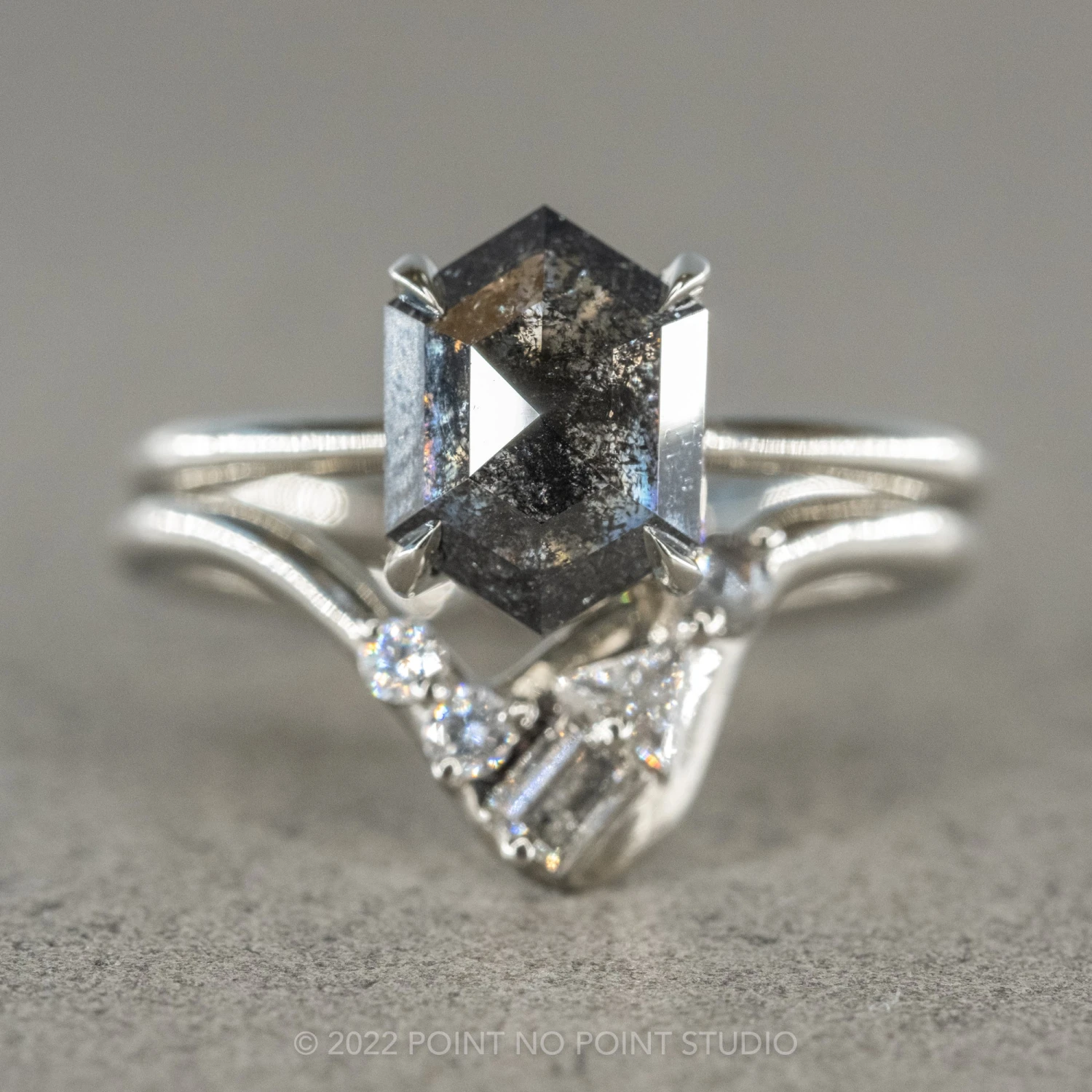 1.60 Carat Black Speckled Hexagon Diamond Engagement Ring, Jane Setting, 14K White Gold 7 1.60 Carat Black Speckled Hexagon Diamond Engagement Ring, Jane Setting, 14K White Gold - Image 7