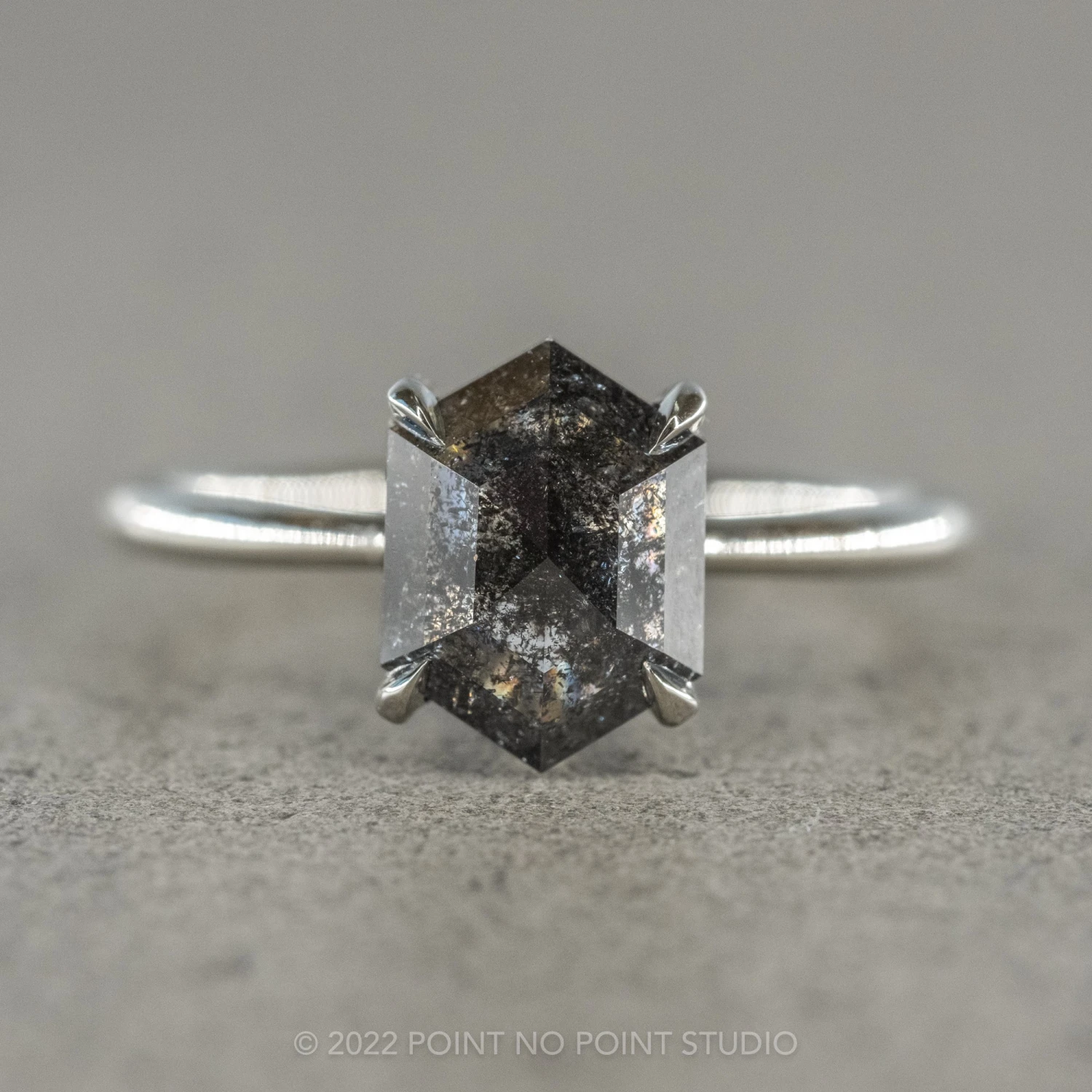 1.60 Carat Black Speckled Hexagon Diamond Engagement Ring, Jane Setting, 14K White Gold 1 1.60 Carat Black Speckled Hexagon Diamond Engagement Ring, Jane Setting, 14K White Gold