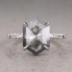 2.71 Carat Salt And Pepper Hexagon Diamond Engagement Ring, Ombre Jules Setting, 14K White Gold