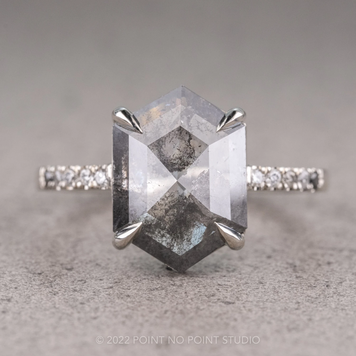 2.71 Carat Salt And Pepper Hexagon Diamond Engagement Ring, Ombre Jules Setting, 14K White Gold 1 2.71 Carat Salt And Pepper Hexagon Diamond Engagement Ring, Ombre Jules Setting, 14K White Gold