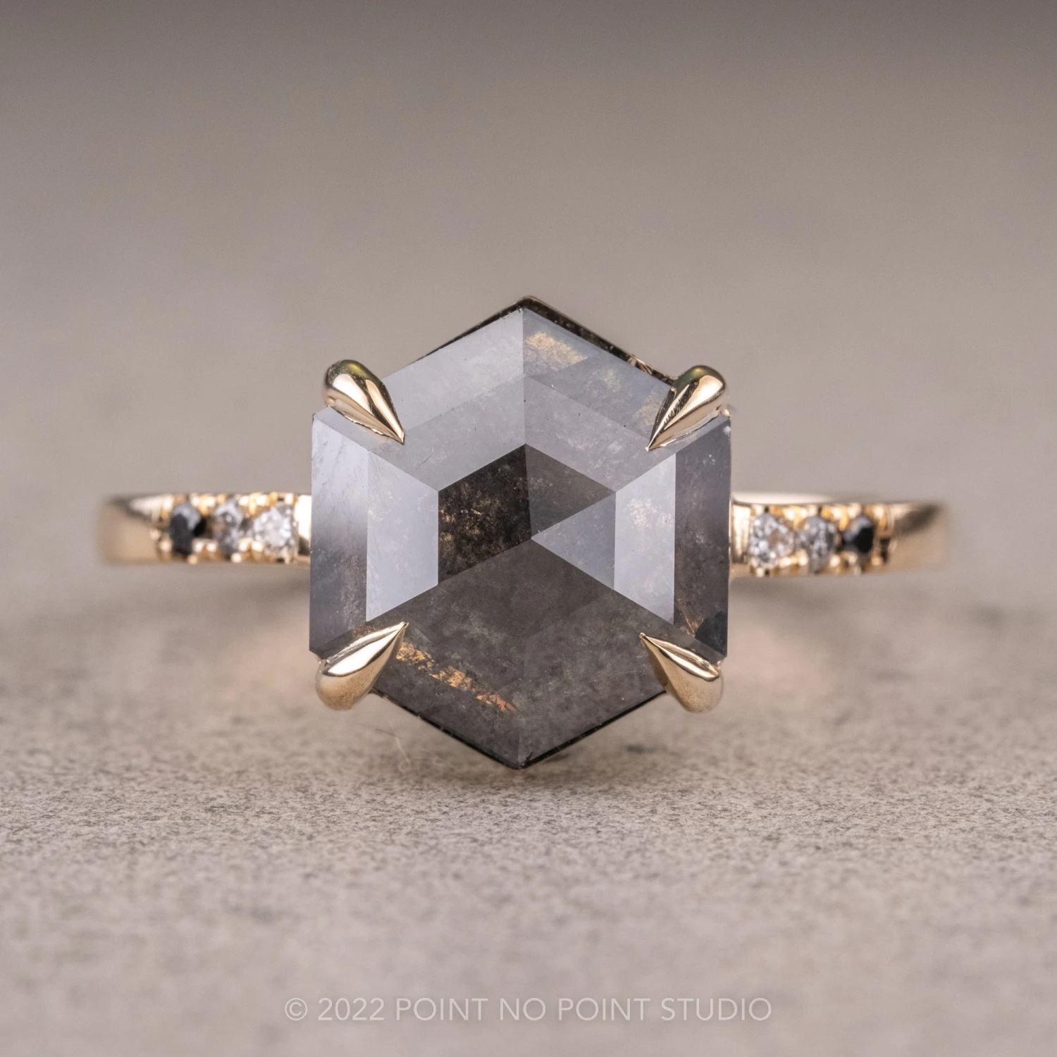 2.56 Carat Black Hexagon Diamond Engagement Ring, Ombre Jules Setting, 14k Yellow Gold 1 2.56 Carat Black Hexagon Diamond Engagement Ring, Ombre Jules Setting, 14k Yellow Gold