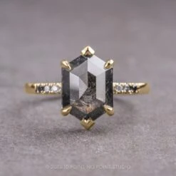 2.69 Carat Black Speckled Hexagon Diamond Engagement Ring, Ombre Sirena Setting, 14K Yellow Gold
