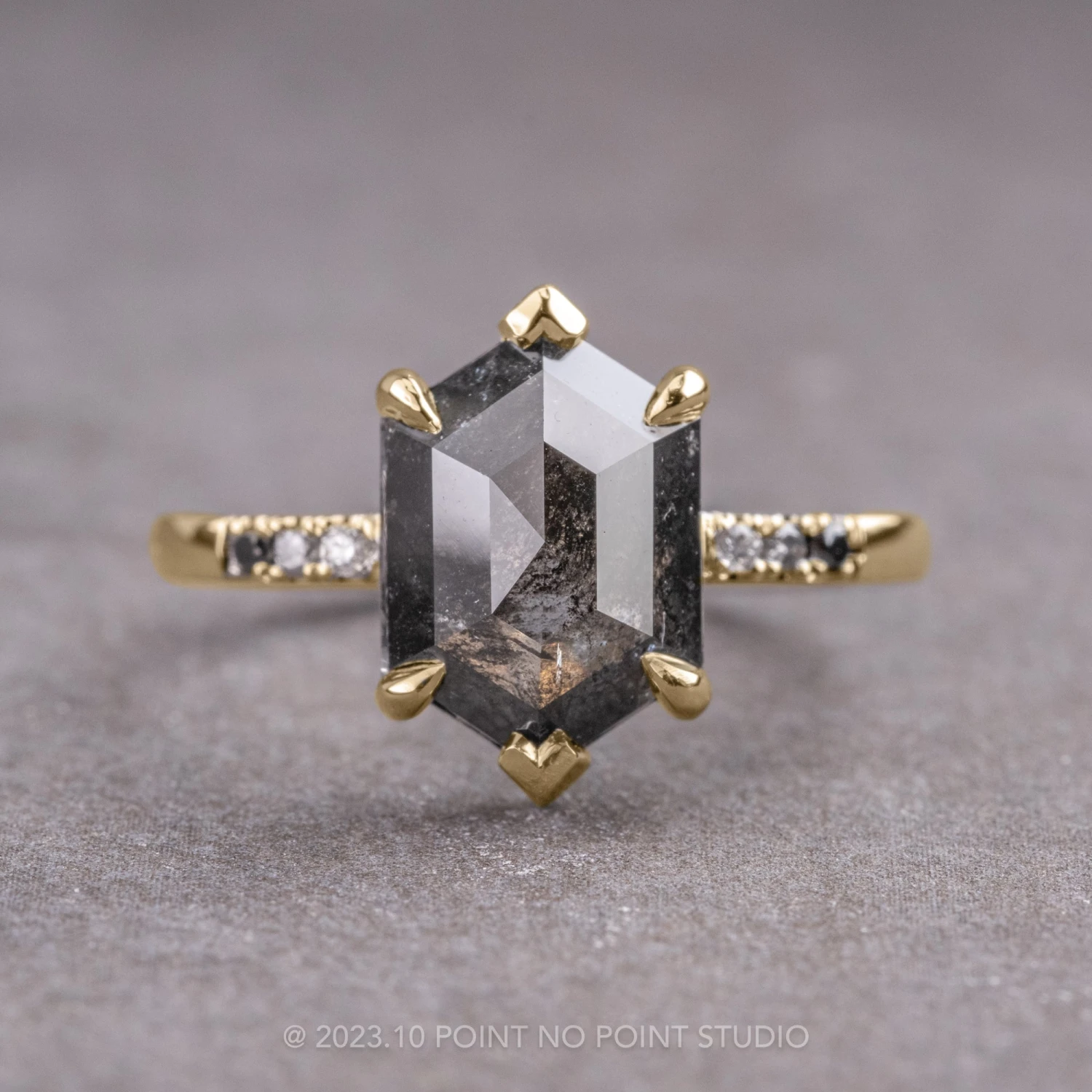2.69 Carat Black Speckled Hexagon Diamond Engagement Ring, Ombre Sirena Setting, 14K Yellow Gold 1 2.69 Carat Black Speckled Hexagon Diamond Engagement Ring, Ombre Sirena Setting, 14K Yellow Gold