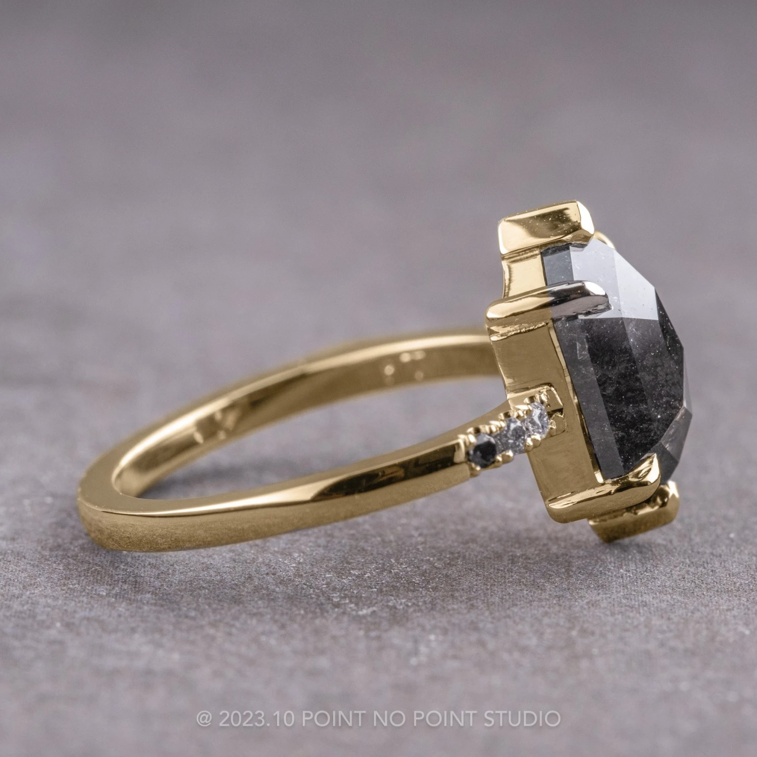 2.69 Carat Black Speckled Hexagon Diamond Engagement Ring, Ombre Sirena Setting, 14K Yellow Gold 3 2.69 Carat Black Speckled Hexagon Diamond Engagement Ring, Ombre Sirena Setting, 14K Yellow Gold - Image 3