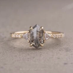 1.12 Carat Salt And Pepper Hexagon Diamond Engagement Ring, Eliza Setting, 14K Yellow Gold