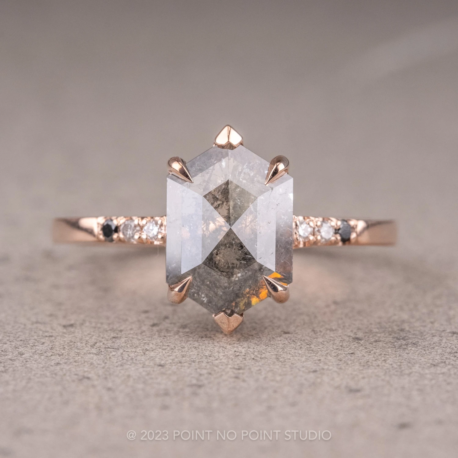 1.88 Carat Salt And Pepper Hexagon Diamond Engagement Ring, Ombre Sirena Setting, 14K Rose Gold 1 1.88 Carat Salt And Pepper Hexagon Diamond Engagement Ring, Ombre Sirena Setting, 14K Rose Gold