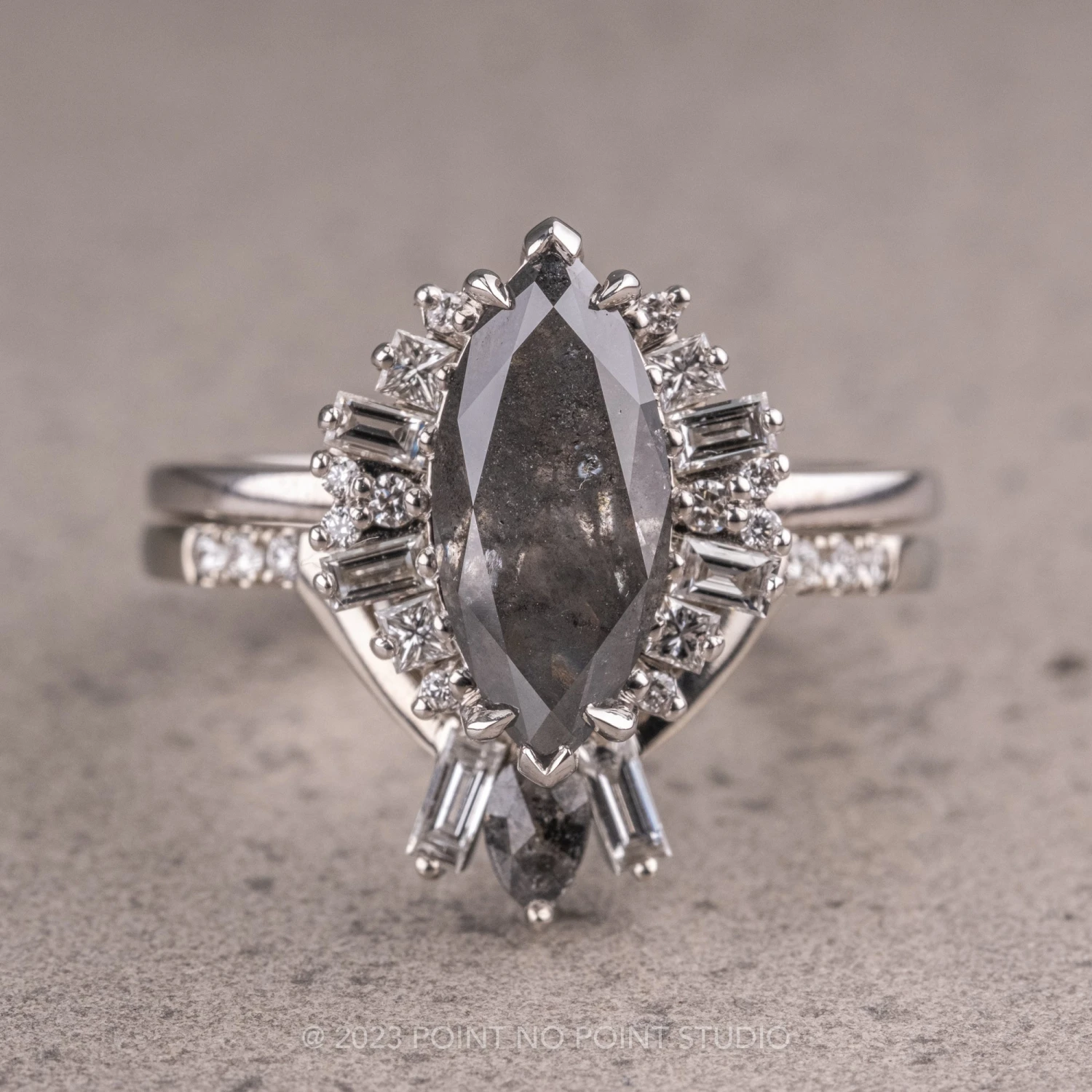 1.99 Carat Salt And Pepper Marquise Diamond Engagement Ring, Olive Setting, 14k White Gold 11 1.99 Carat Salt And Pepper Marquise Diamond Engagement Ring, Olive Setting, 14k White Gold - Image 11