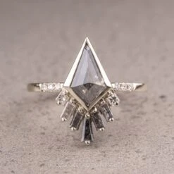 1.44 Carat Salt And Pepper Kite Diamond Engagement Ring, Bezel Wren Setting, Platinum
