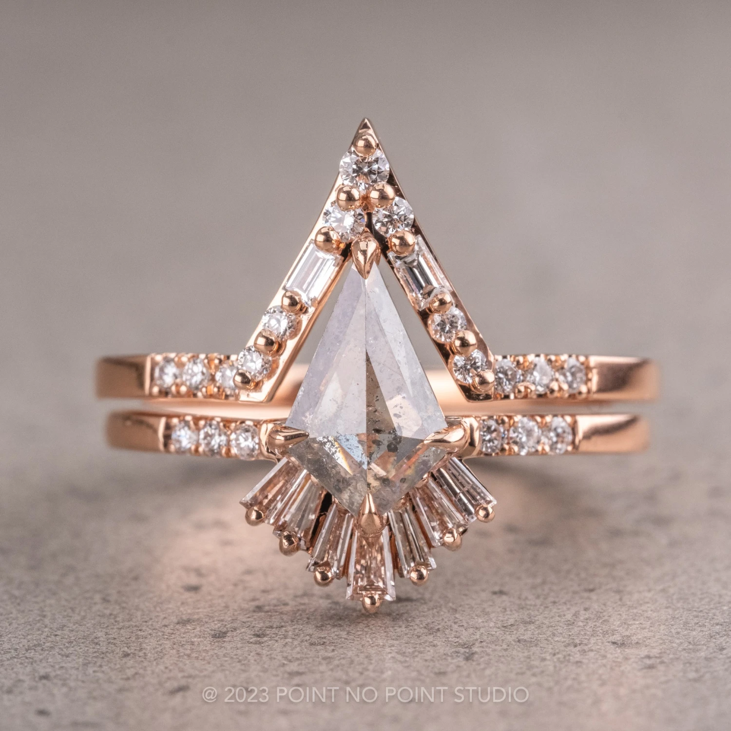 Round And Baguette Diamond V Band, Extra Diamond Large Paloma Setting, 14K Rose Gold 4 Round And Baguette Diamond V Band, Extra Diamond Large Paloma Setting, 14K Rose Gold - Image 4