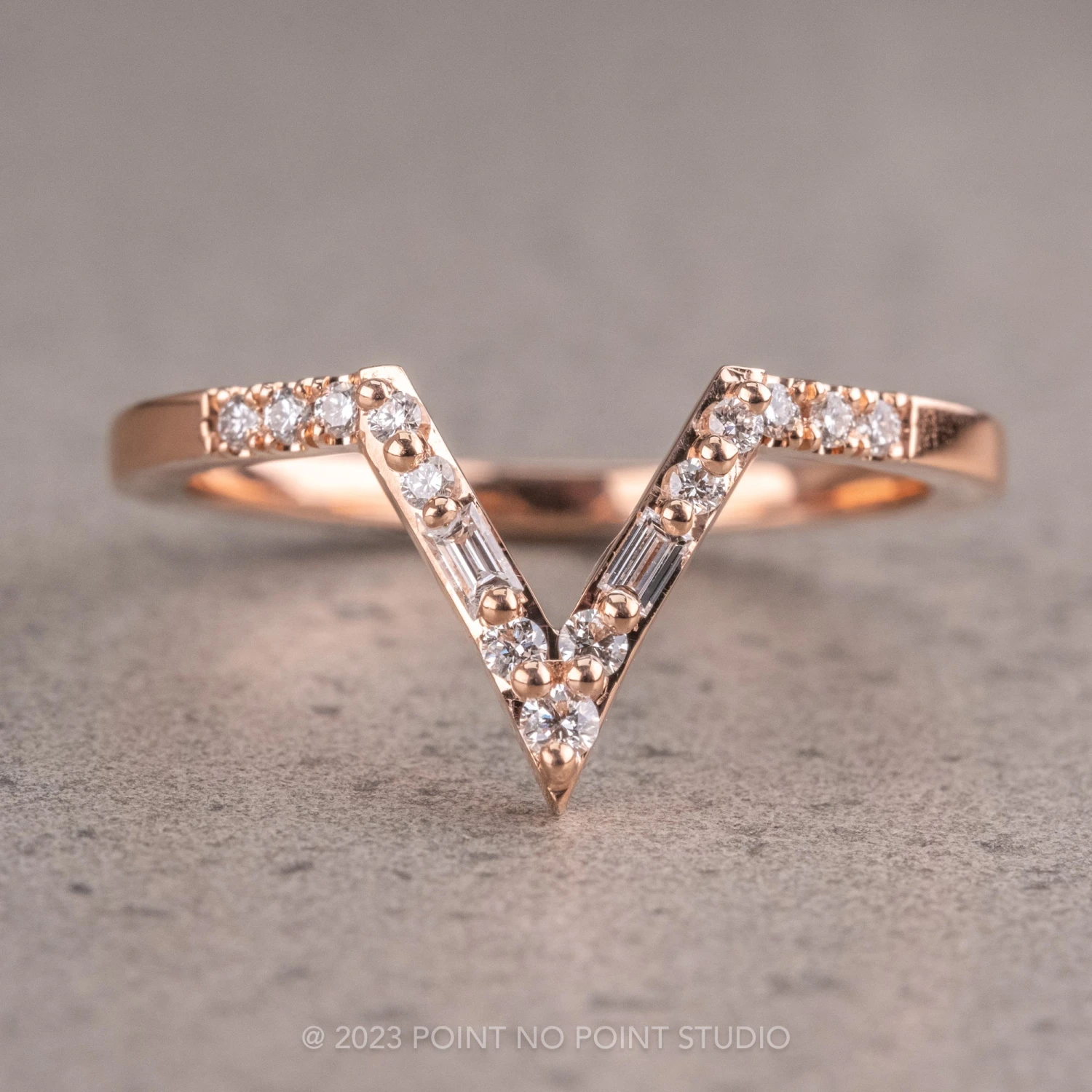 Round And Baguette Diamond V Band, Extra Diamond Large Paloma Setting, 14K Rose Gold 1 Round And Baguette Diamond V Band, Extra Diamond Large Paloma Setting, 14K Rose Gold