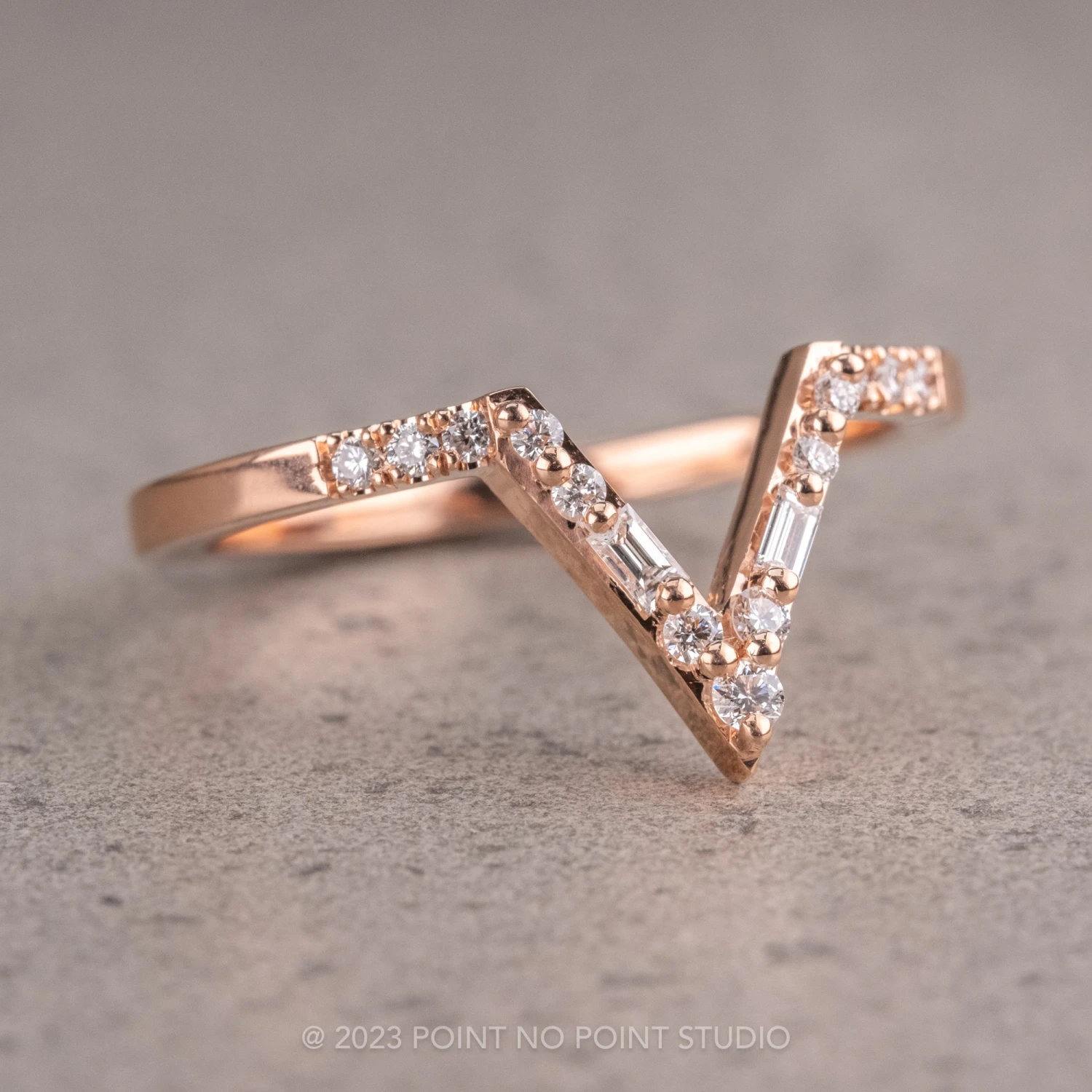 Round And Baguette Diamond V Band, Extra Diamond Large Paloma Setting, 14K Rose Gold 5 Round And Baguette Diamond V Band, Extra Diamond Large Paloma Setting, 14K Rose Gold - Image 5