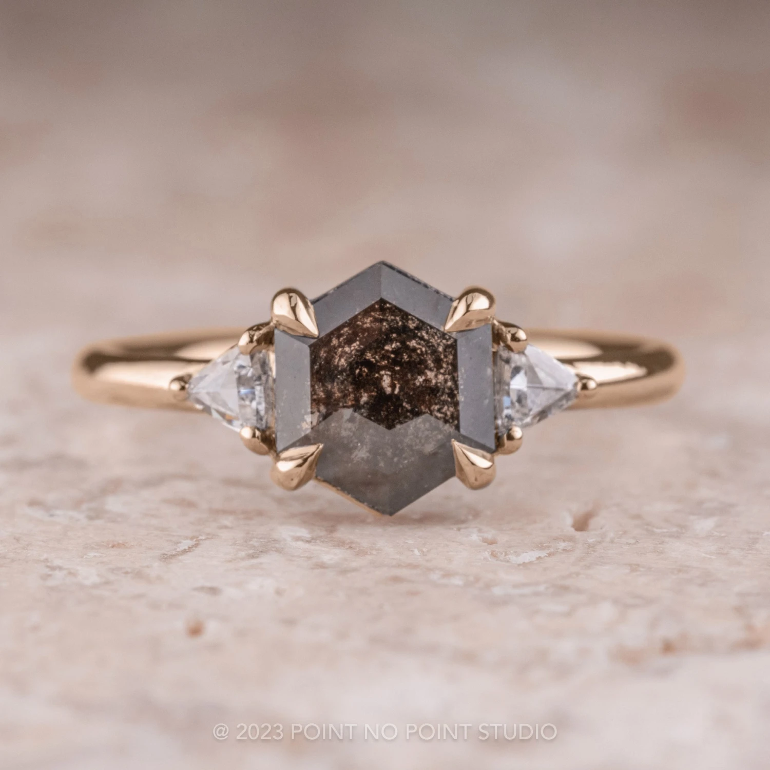 1.58 Carat Black Hexagon Diamond Engagement Ring, Zoe Setting, 14K Rose Gold 1 1.58 Carat Black Hexagon Diamond Engagement Ring, Zoe Setting, 14K Rose Gold
