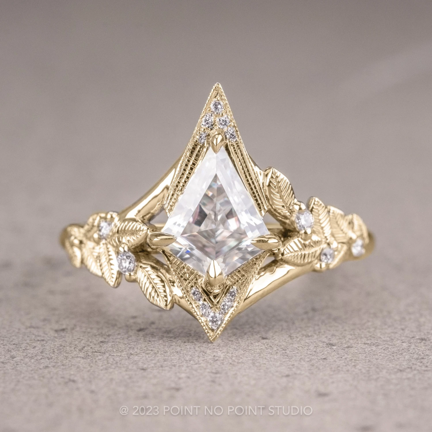 1.07 Carat Kite Moissanite Engagement Ring, Thistle Setting, 14k Yellow Gold 1 1.07 Carat Kite Moissanite Engagement Ring, Thistle Setting, 14k Yellow Gold