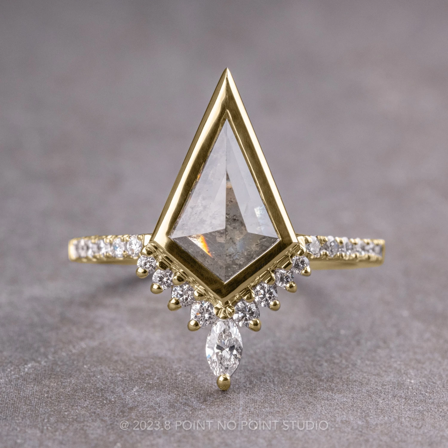 1.53 Carat Salt And Pepper Kite Diamond Engagement Ring, Bezel Avaline Setting, 14k Yellow Gold 1 1.53 Carat Salt And Pepper Kite Diamond Engagement Ring, Bezel Avaline Setting, 14k Yellow Gold