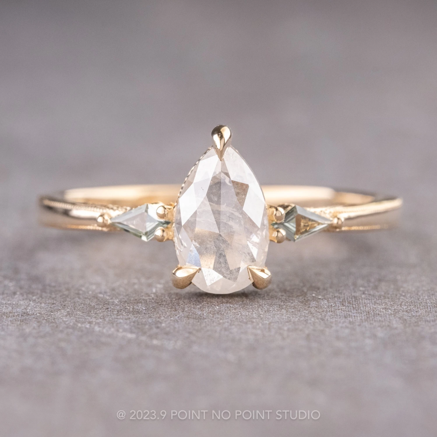 1.44 Carat Icy White Pear Diamond Engagement Ring, Vintage Zoe Setting, 14K Yellow Gold 1 1.44 Carat Icy White Pear Diamond Engagement Ring, Vintage Zoe Setting, 14K Yellow Gold