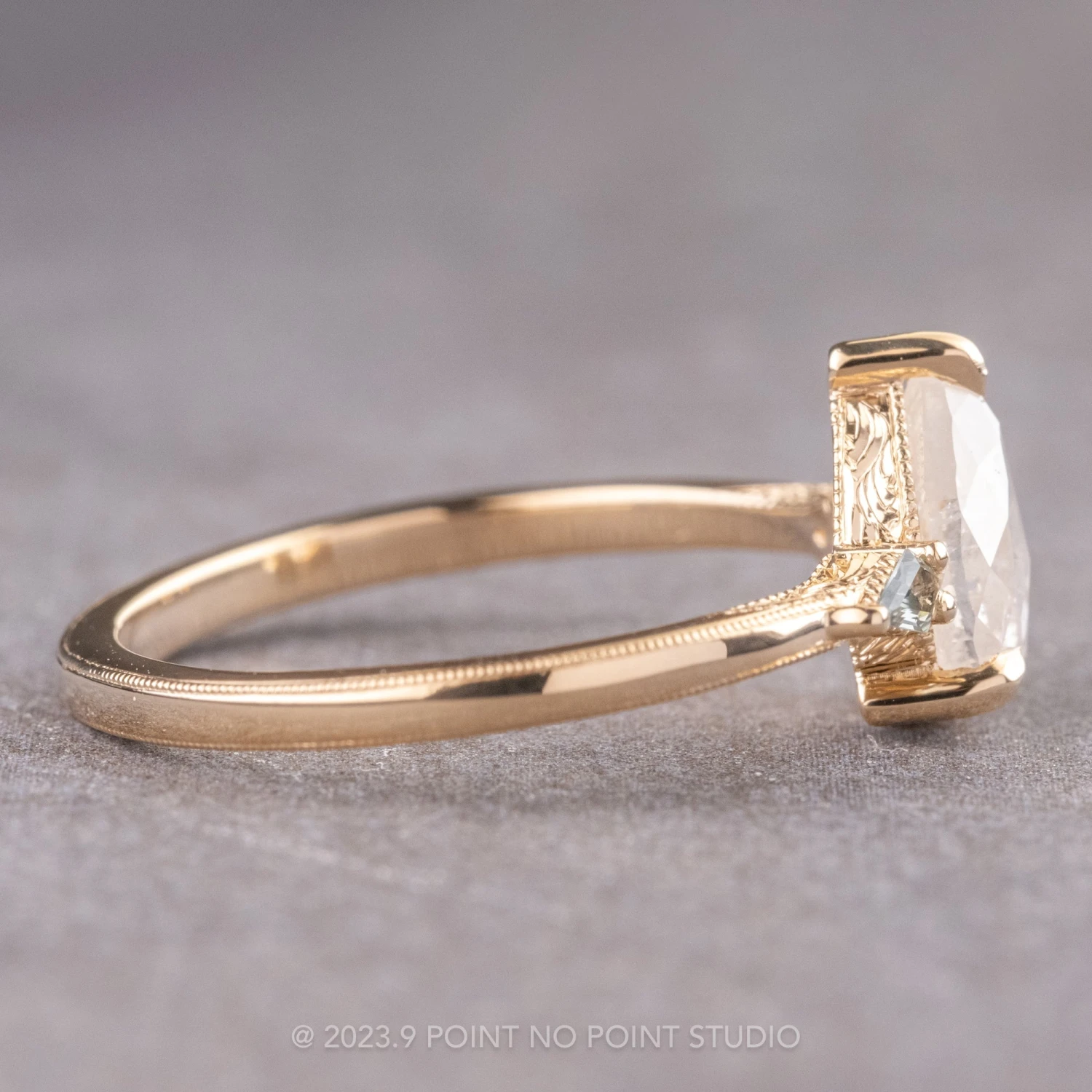 1.44 Carat Icy White Pear Diamond Engagement Ring, Vintage Zoe Setting, 14K Yellow Gold 6 1.44 Carat Icy White Pear Diamond Engagement Ring, Vintage Zoe Setting, 14K Yellow Gold - Image 6