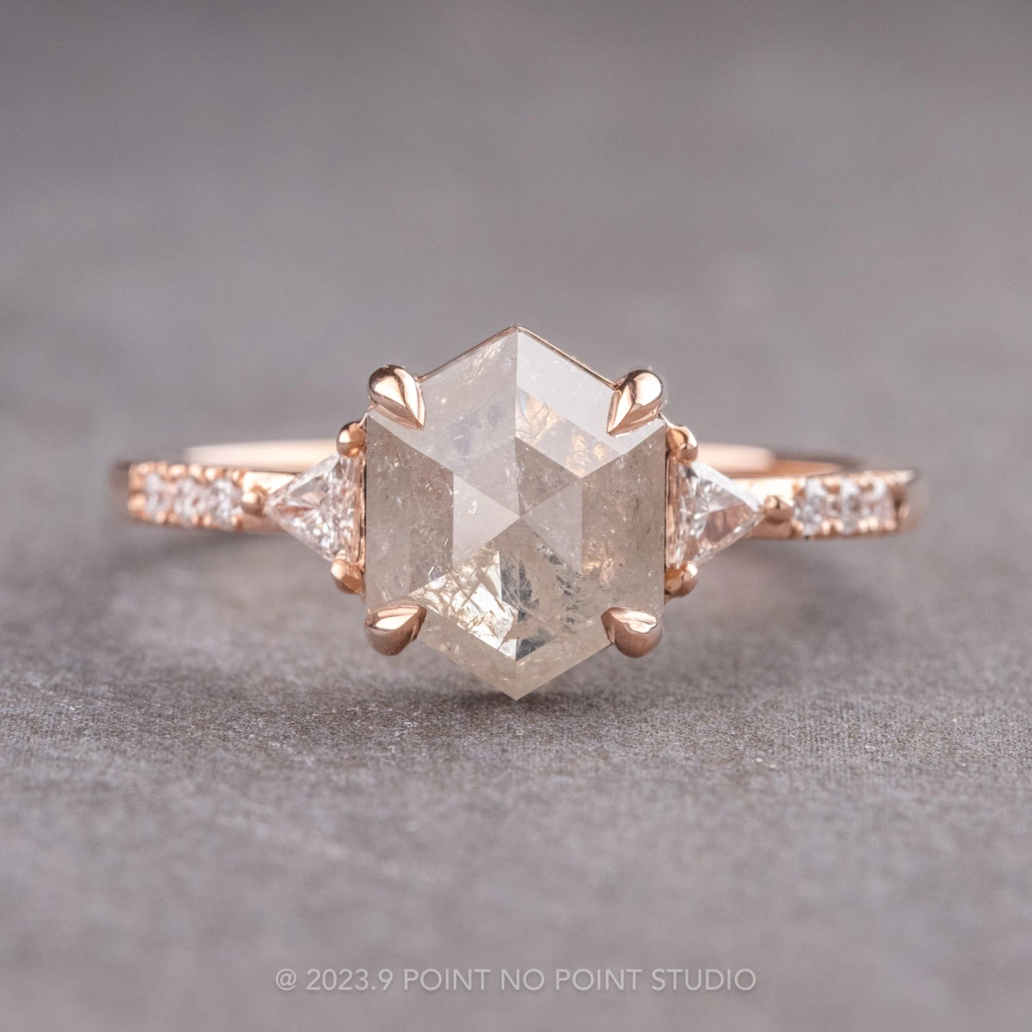 1.56 Carat Icy White Hexagon Diamond Engagement Ring, Eliza Setting, 14K Rose Gold 1 1.56 Carat Icy White Hexagon Diamond Engagement Ring, Eliza Setting, 14K Rose Gold