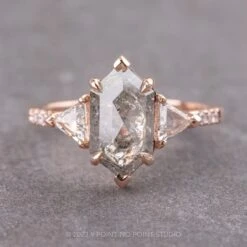 2.71 Carat Salt And Pepper Hexagon Diamond Engagement Ring, Eliza Setting, 14K Rose Gold