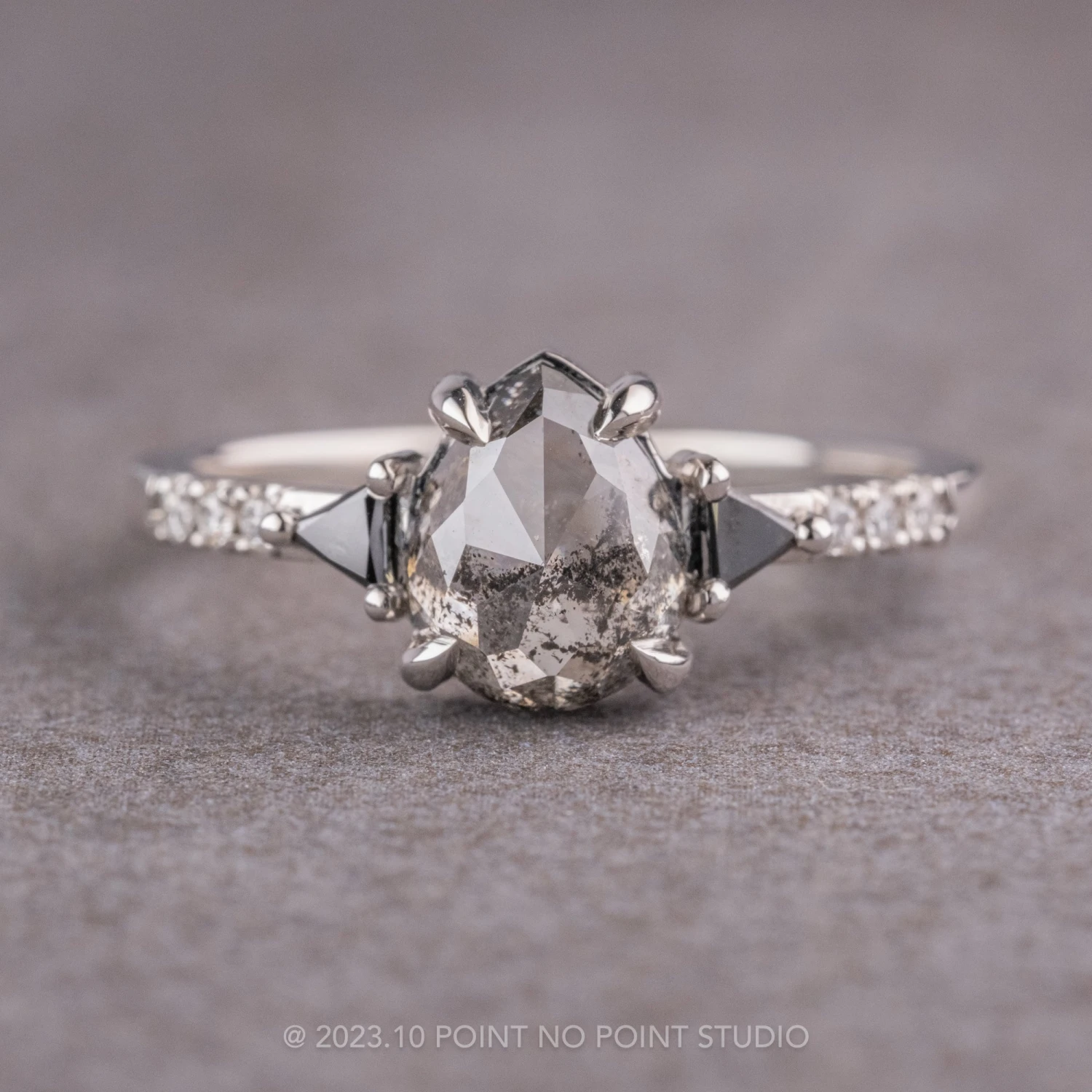 1.71 Carat Salt And Pepper Pear Diamond Engagement Ring, Eliza Setting, Platinum 1 1.71 Carat Salt And Pepper Pear Diamond Engagement Ring, Eliza Setting, Platinum