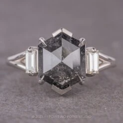 3.04 Carat Black Speckled Hexagon Diamond Engagement Ring, Split Shank Zoe Setting, Platinum