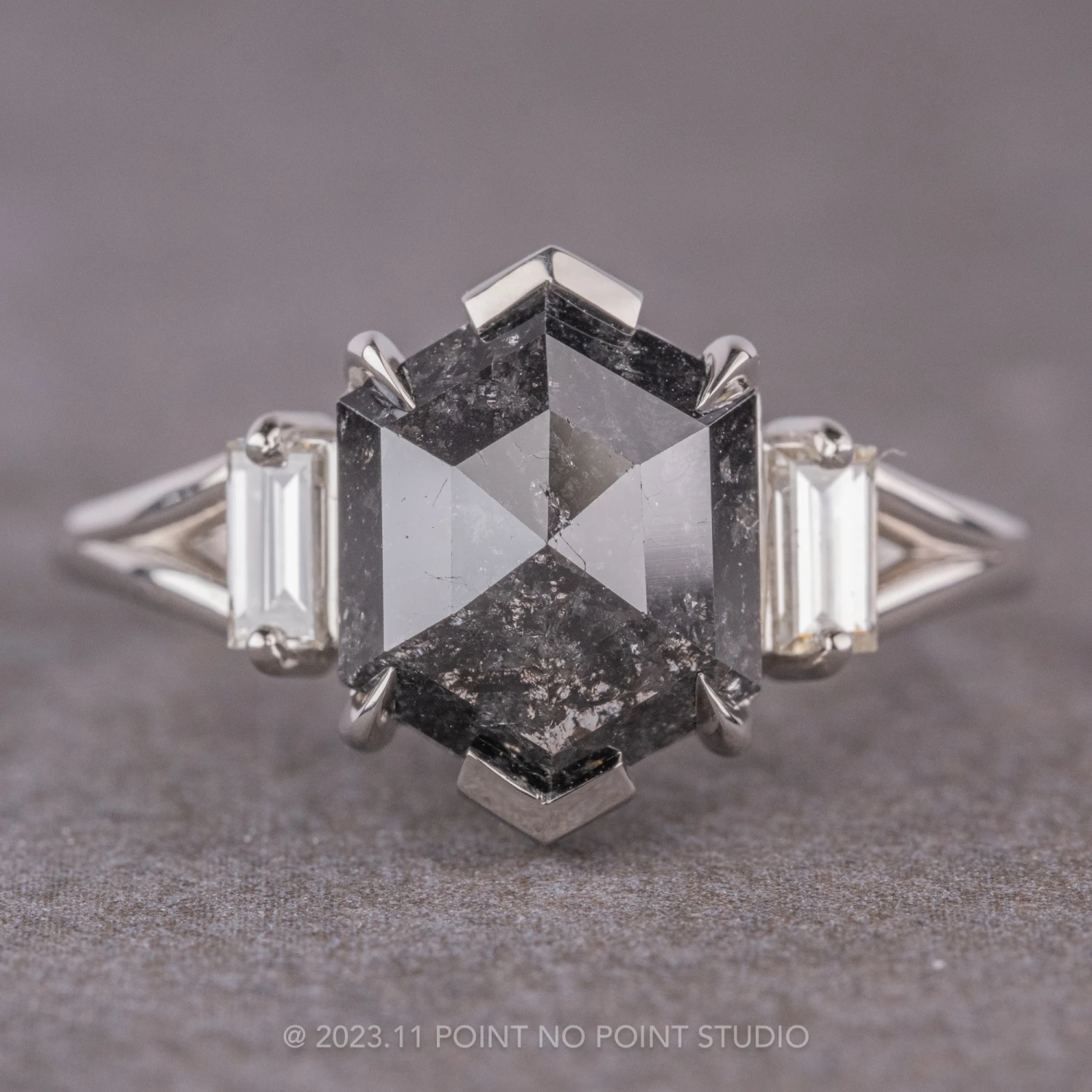 3.04 Carat Black Speckled Hexagon Diamond Engagement Ring, Split Shank Zoe Setting, Platinum 1 3.04 Carat Black Speckled Hexagon Diamond Engagement Ring, Split Shank Zoe Setting, Platinum