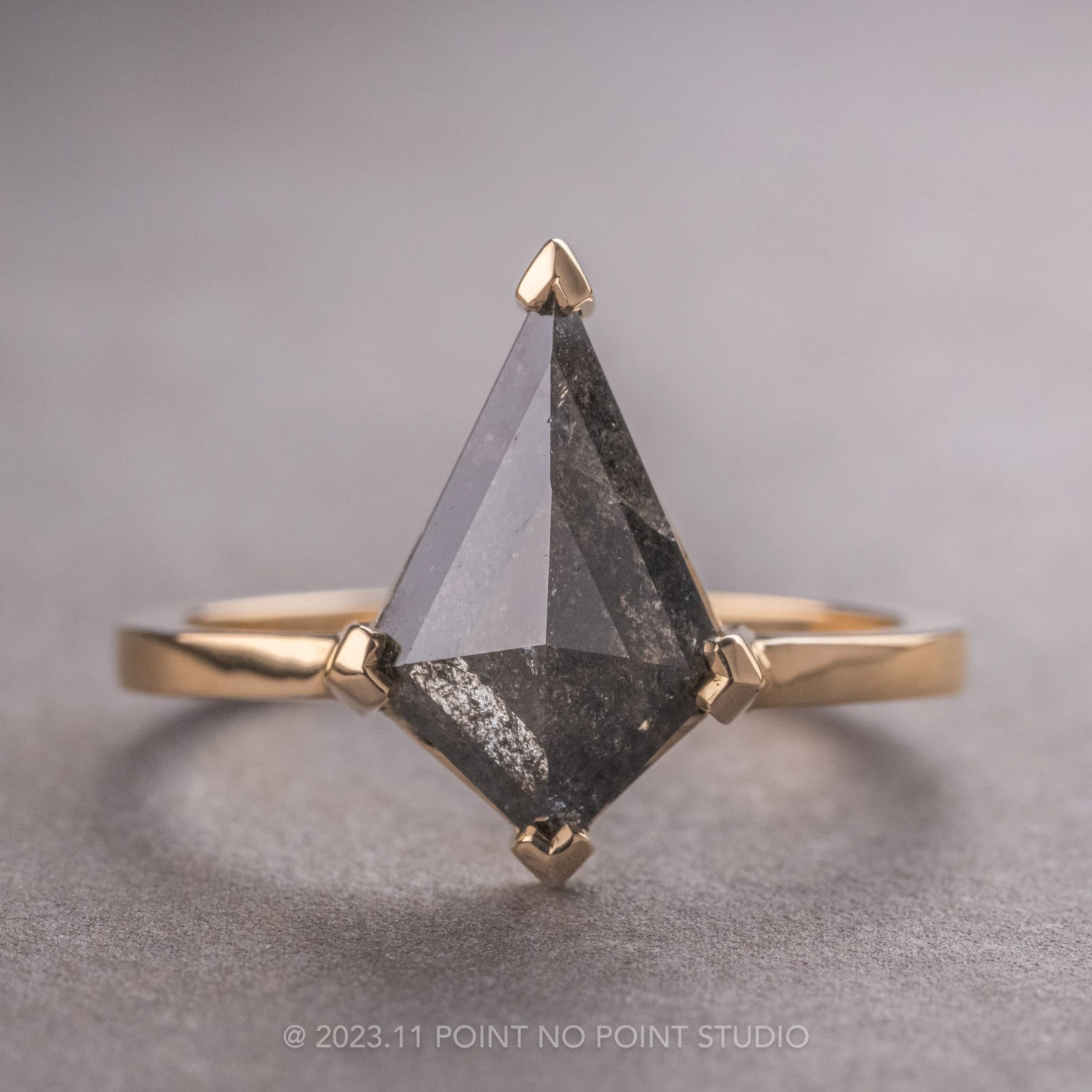 3.18 Carat Black Speckled Kite Diamond Engagement Ring, Charlize Setting, 14k Yellow Gold 1 3.18 Carat Black Speckled Kite Diamond Engagement Ring, Charlize Setting, 14k Yellow Gold