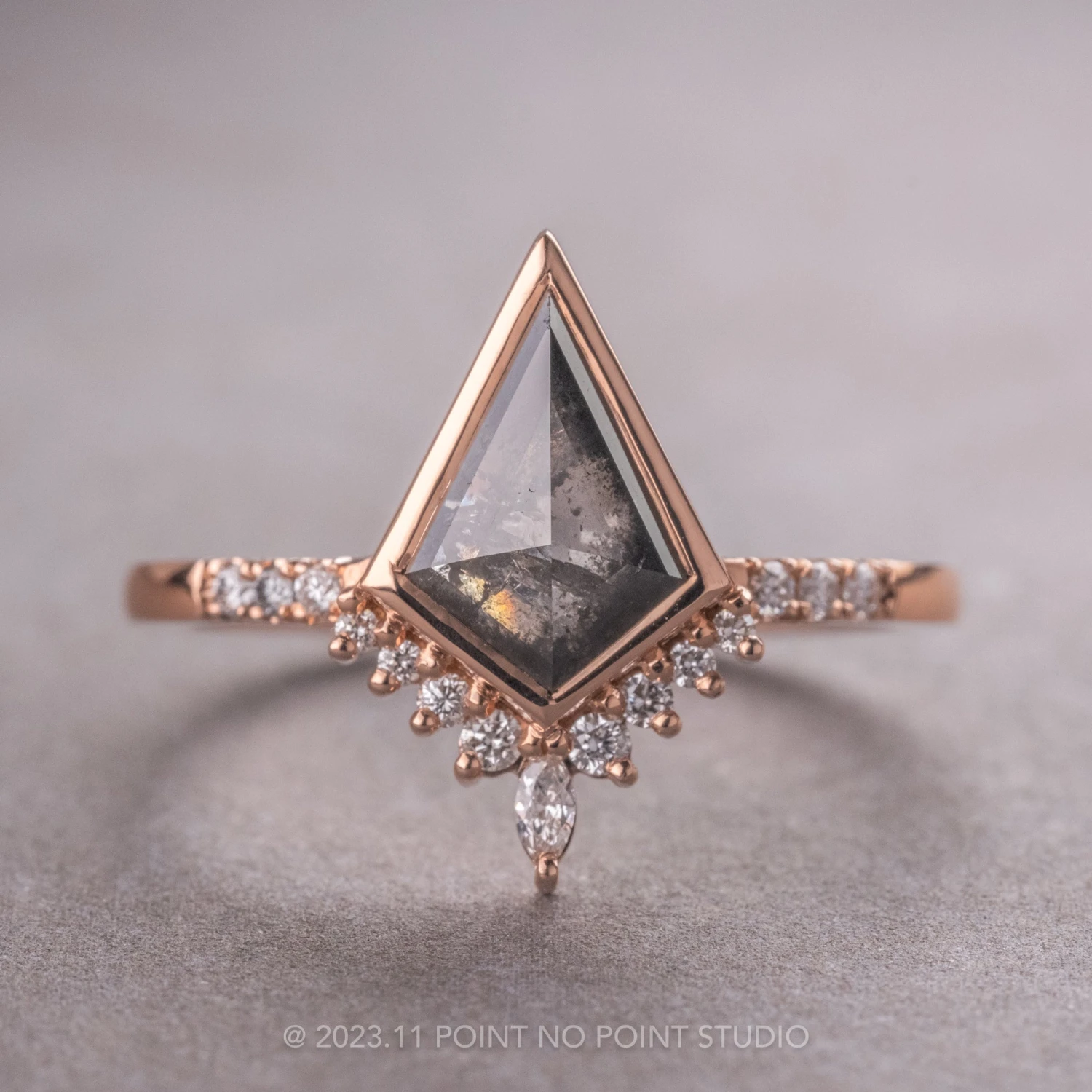 2.20 Carat Black Speckled Kite Diamond Engagement Ring, Bezel Avaline Setting, 14K Rose Gold 1 2.20 Carat Black Speckled Kite Diamond Engagement Ring, Bezel Avaline Setting, 14K Rose Gold