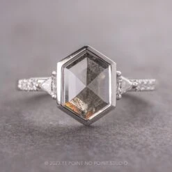 1.60 Carat Black Speckled Hexagon Diamond Engagement Ring, Bezel Eliza Setting, 14k White Gold