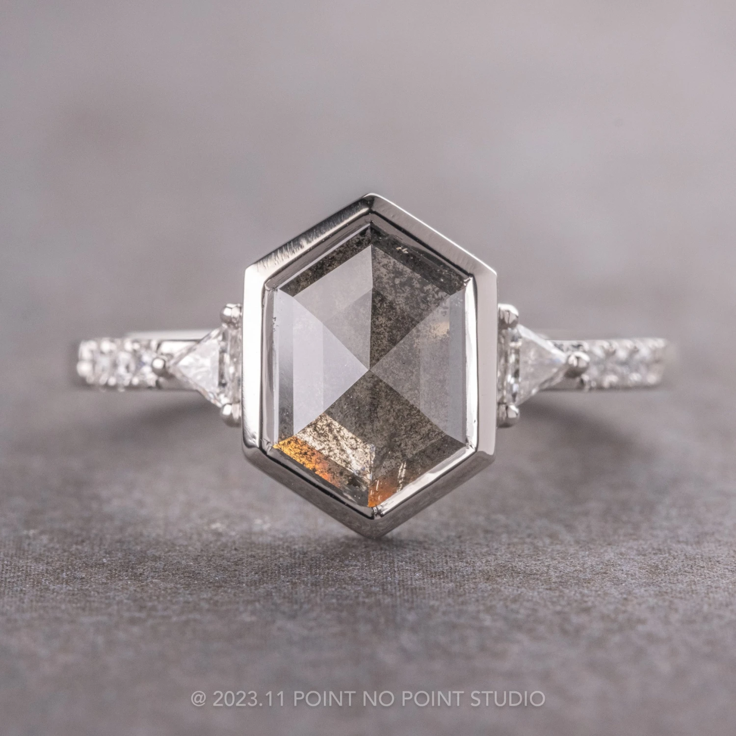 1.60 Carat Black Speckled Hexagon Diamond Engagement Ring, Bezel Eliza Setting, 14k White Gold 1 1.60 Carat Black Speckled Hexagon Diamond Engagement Ring, Bezel Eliza Setting, 14k White Gold
