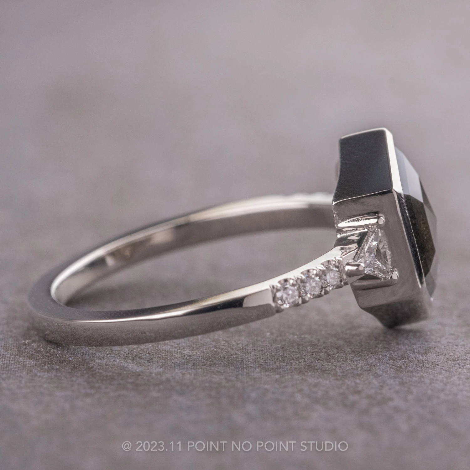 1.60 Carat Black Speckled Hexagon Diamond Engagement Ring, Bezel Eliza Setting, 14k White Gold 5 1.60 Carat Black Speckled Hexagon Diamond Engagement Ring, Bezel Eliza Setting, 14k White Gold - Image 5
