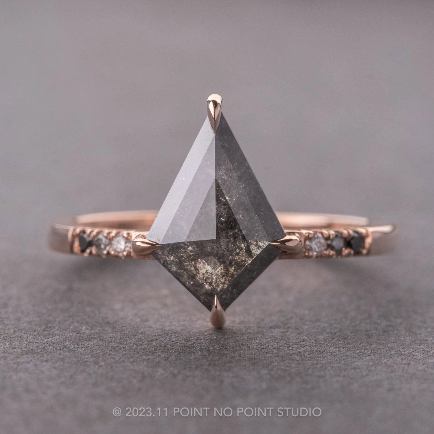 1.91 Carat Black Speckled Kite Diamond Engagement Ring, Ombre Jules Setting, 14K Rose Gold 1 1.91 Carat Black Speckled Kite Diamond Engagement Ring, Ombre Jules Setting, 14K Rose Gold