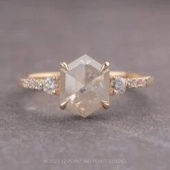 1.46 Carat Icy Salt And Pepper Hexagon Diamond Engagement Ring, Eliza Setting, 14K Yellow Gold