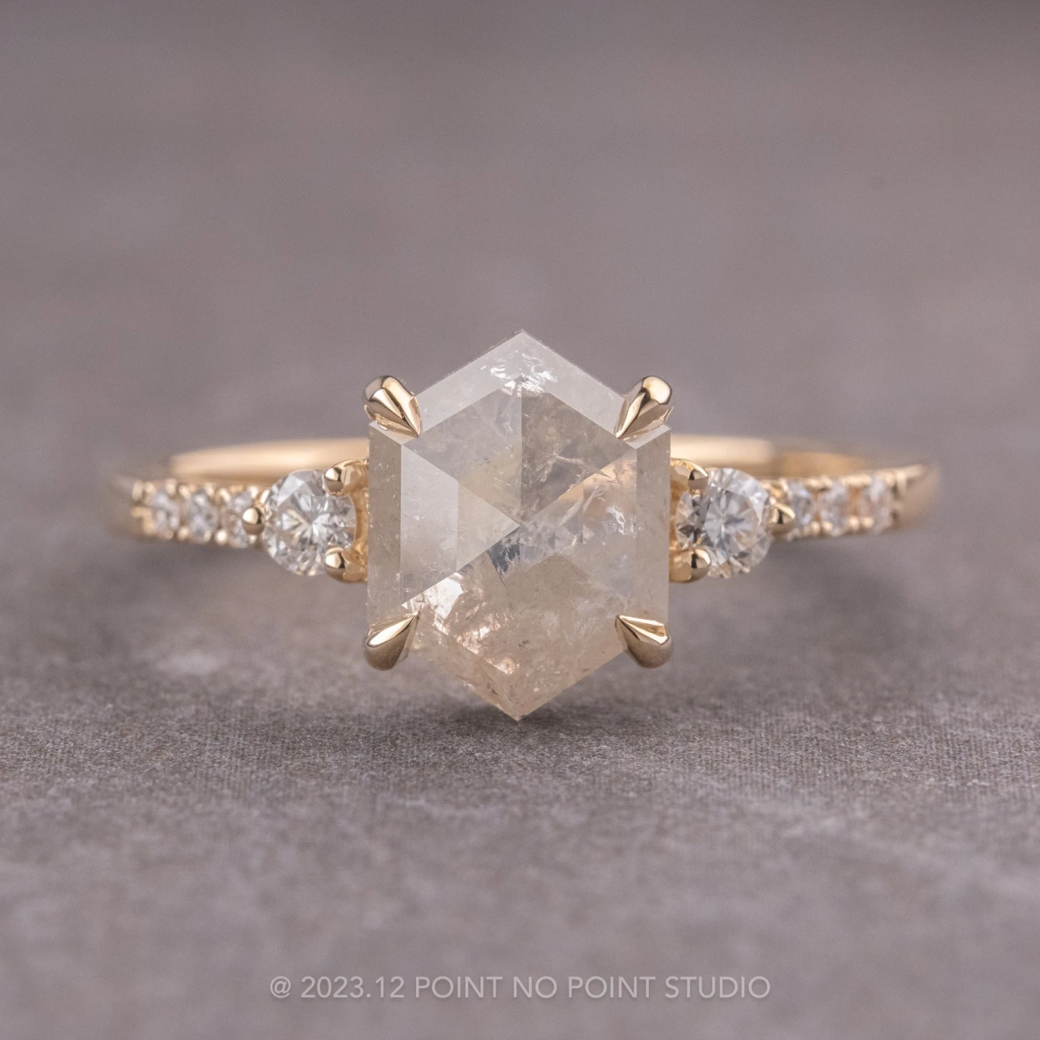 1.46 Carat Icy Salt And Pepper Hexagon Diamond Engagement Ring, Eliza Setting, 14K Yellow Gold 1 1.46 Carat Icy Salt And Pepper Hexagon Diamond Engagement Ring, Eliza Setting, 14K Yellow Gold