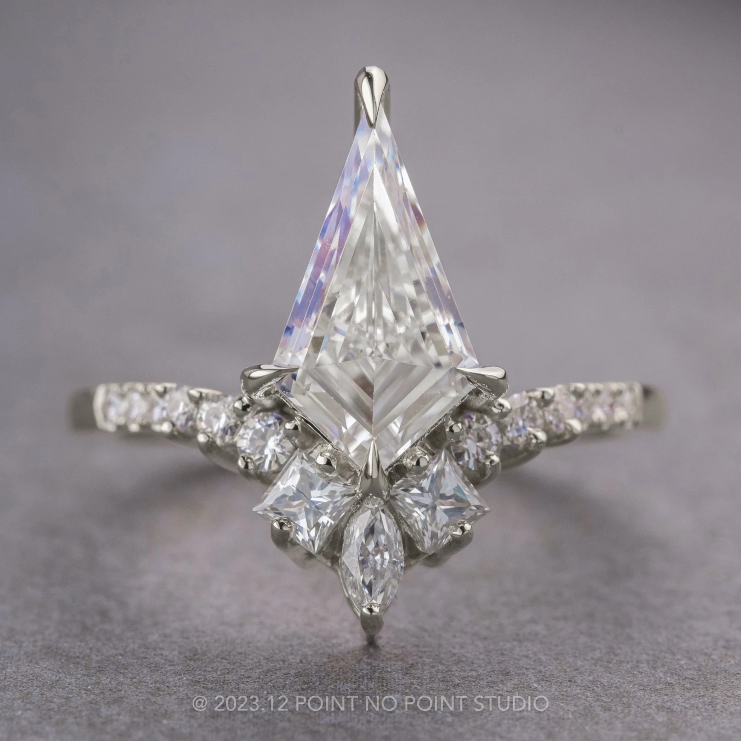 1.92 Carat Kite Moissanite Engagement Ring, Willa Setting, Platinum 1 1.92 Carat Kite Moissanite Engagement Ring, Willa Setting, Platinum