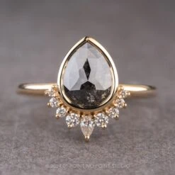 2.99 Carat Black Speckled Pear Diamond Engagement Ring, Bezel Ava Setting, 14K Yellow Gold