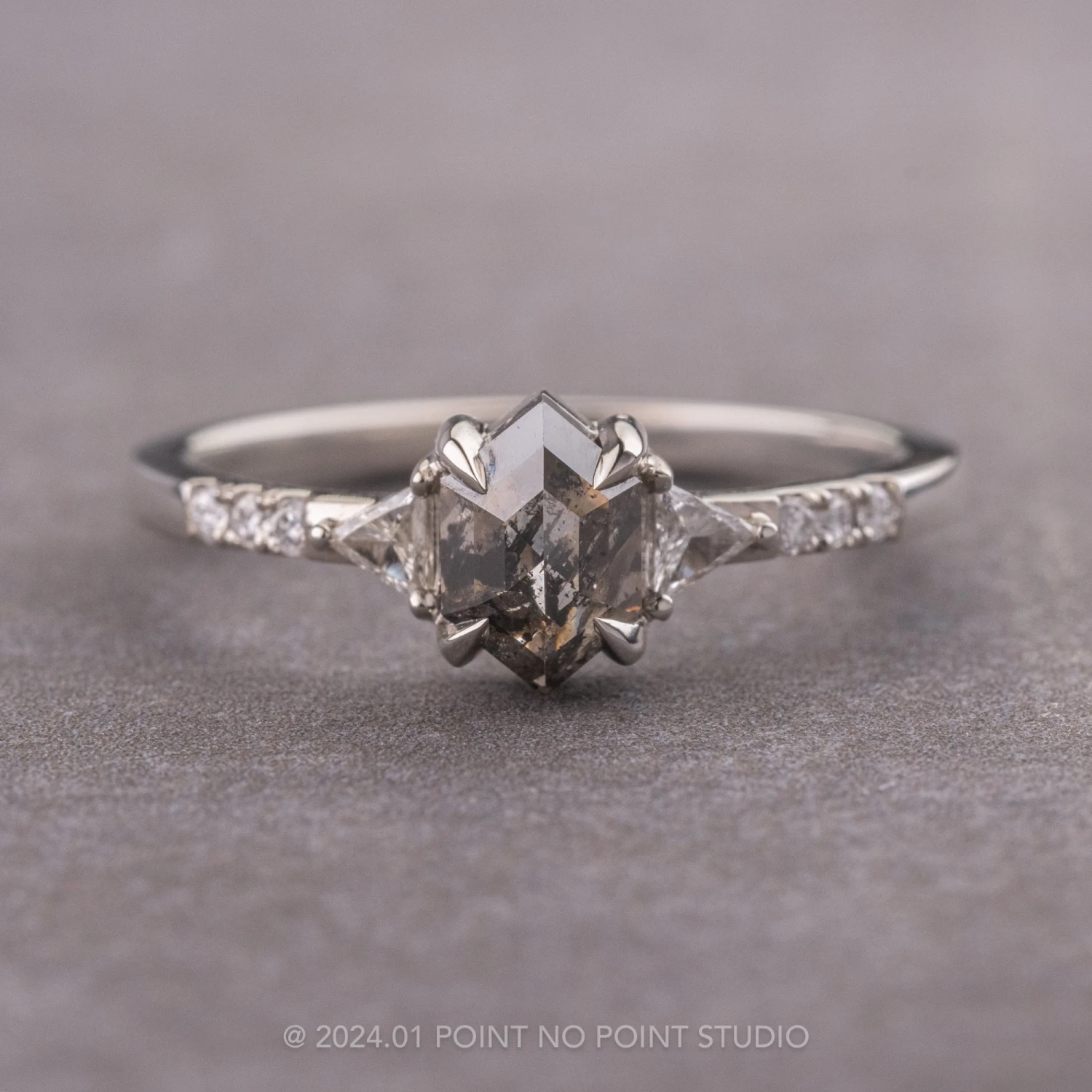 1.14 Carat Salt And Pepper Hexagon Diamond Engagement Ring, Eliza Setting, 14k White Gold 1 1.14 Carat Salt And Pepper Hexagon Diamond Engagement Ring, Eliza Setting, 14k White Gold