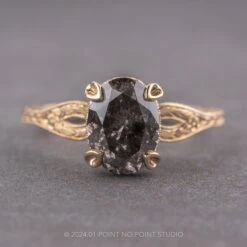 2.25 Carat Black Speckled Oval Diamond Engagement Ring, Faye Setting, 14K Yellow Gold