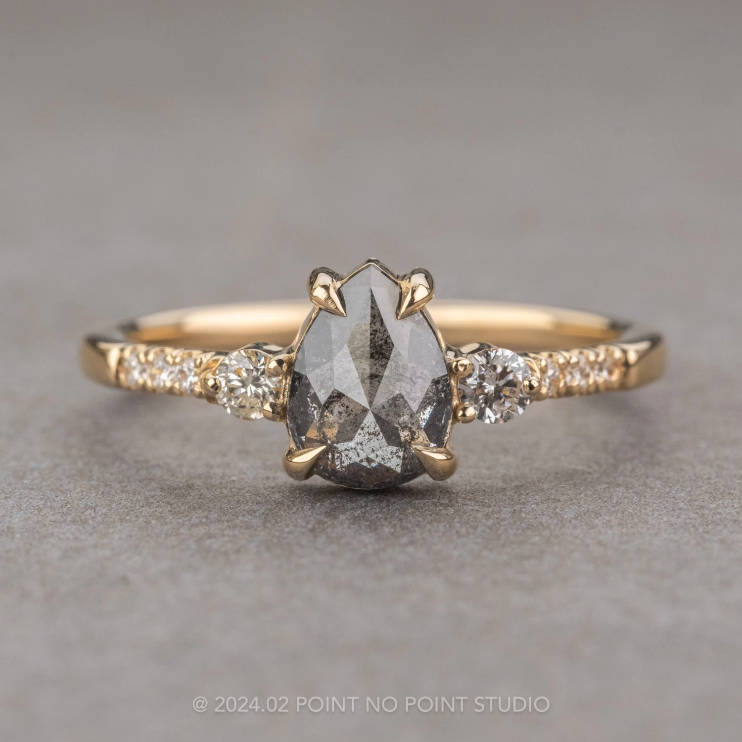 1.15 Carat Black Speckled Pear Diamond Engagement Ring, Eliza Setting, 14K Yellow Gold 1 1.15 Carat Black Speckled Pear Diamond Engagement Ring, Eliza Setting, 14K Yellow Gold