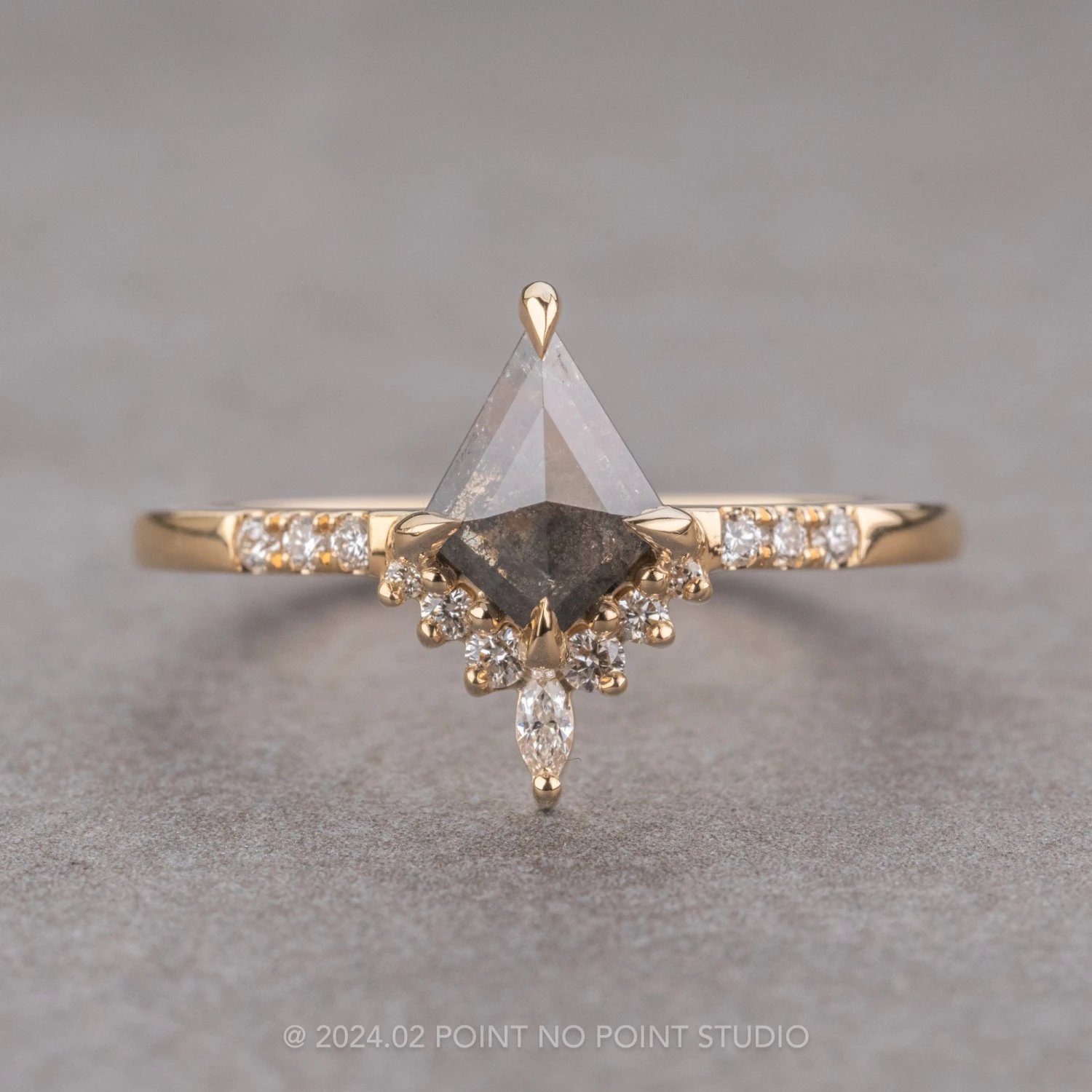 1.23 Carat Black Speckled Kite Diamond Engagement Ring, Avaline Setting, 14K Yellow Gold 1 1.23 Carat Black Speckled Kite Diamond Engagement Ring, Avaline Setting, 14K Yellow Gold