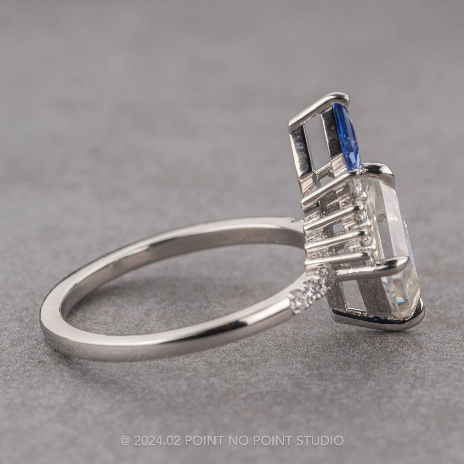 1.88 Carat Lozenge Moissanite And Diamond Engagement Ring, Avaline Setting, Platinum 8 1.88 Carat Lozenge Moissanite And Diamond Engagement Ring, Avaline Setting, Platinum - Image 8