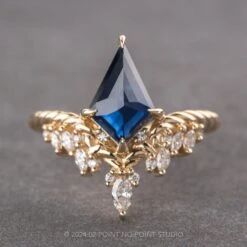 1.96 Carat Blue Kite Sapphire And Diamond Engagement Ring, Andromeda Setting, 14k Yellow Gold
